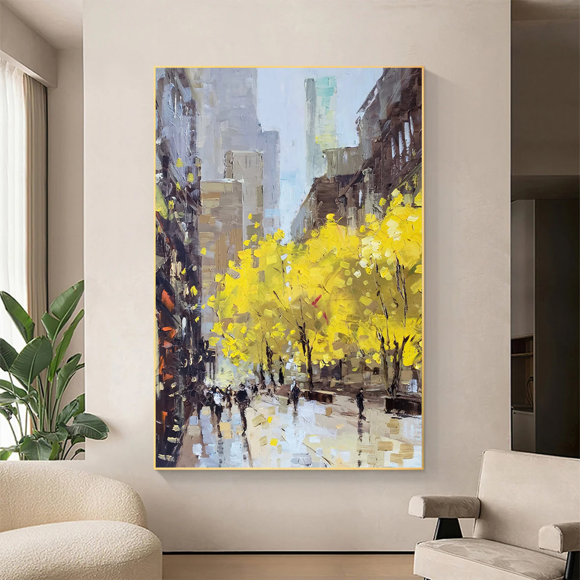 a painting of a city street with yellow trees