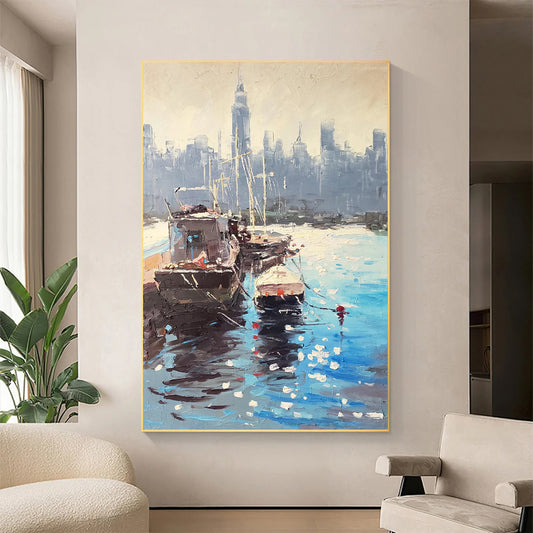 a painting of boats in a harbor with a city in the background