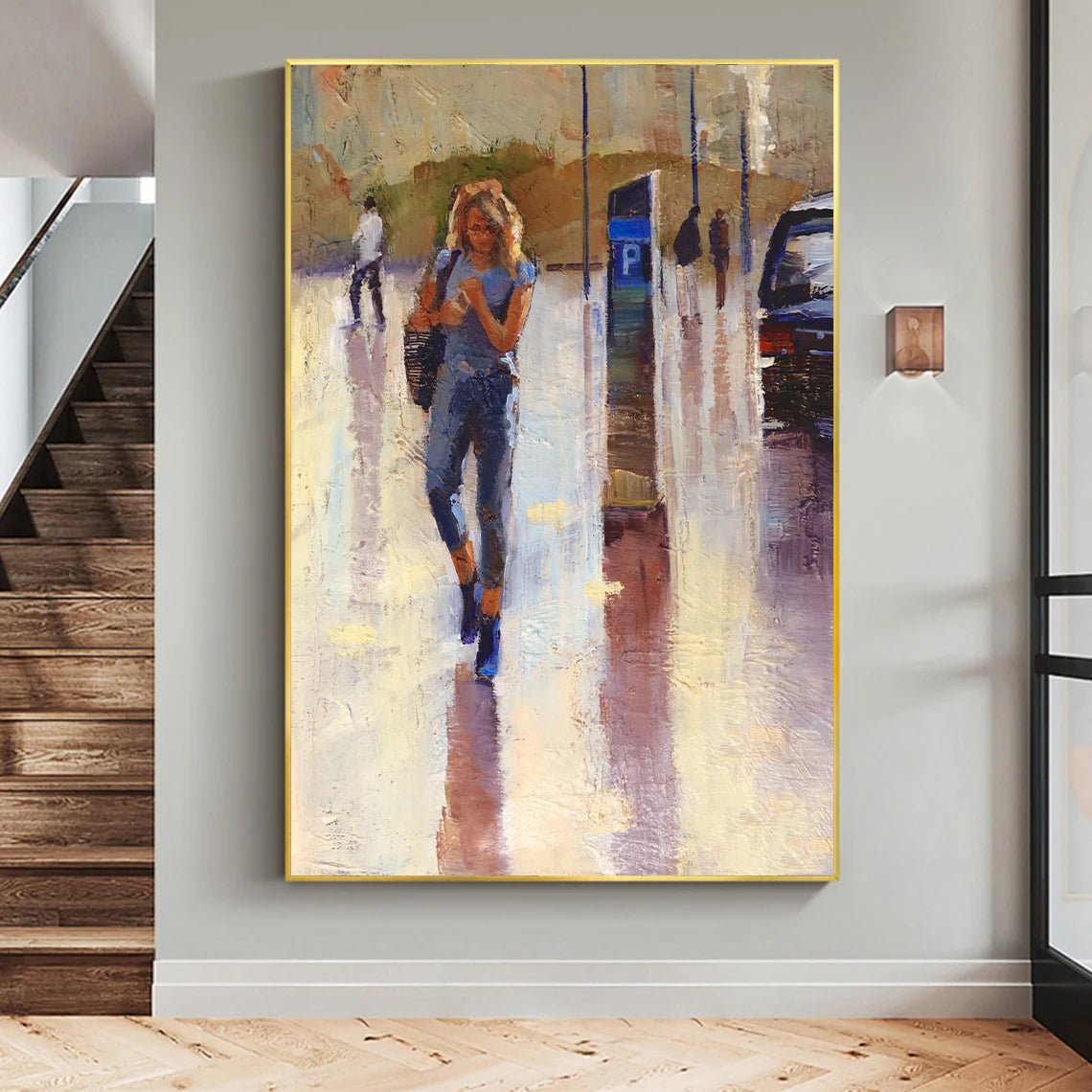 a painting of a woman walking down the street