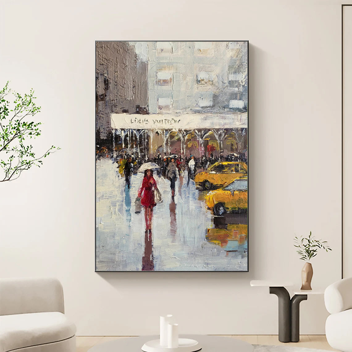 a painting of a woman with an umbrella in the rain