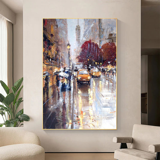 a painting of a city street filled with traffic