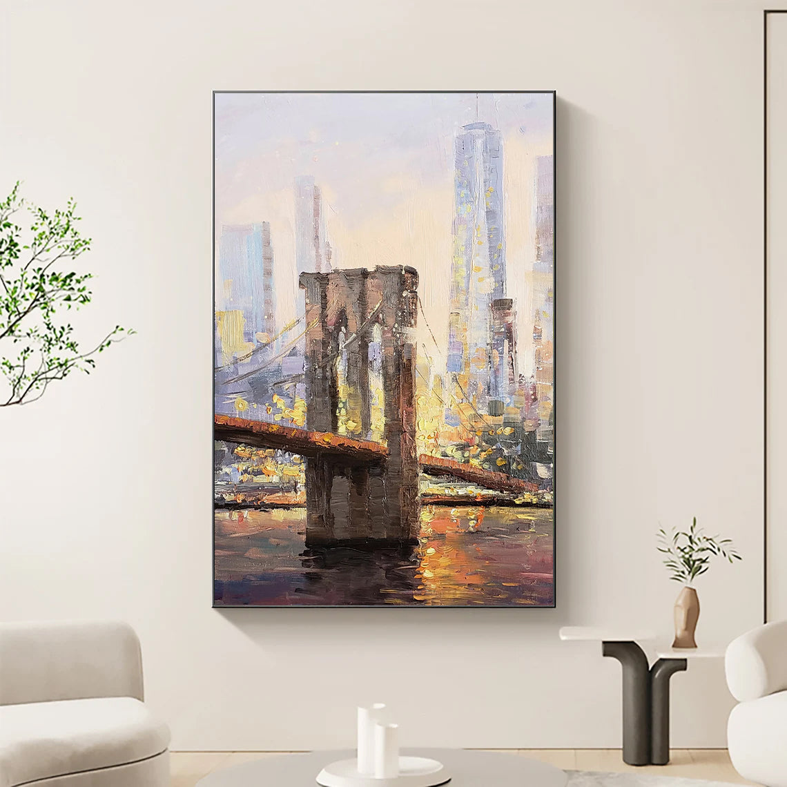 a painting of a bridge in a living room