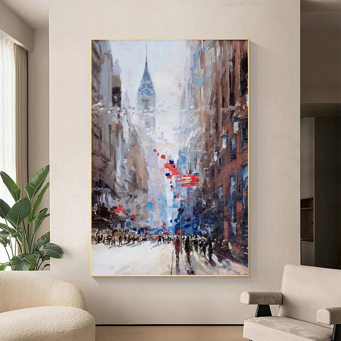 a painting of a city street with people walking on it