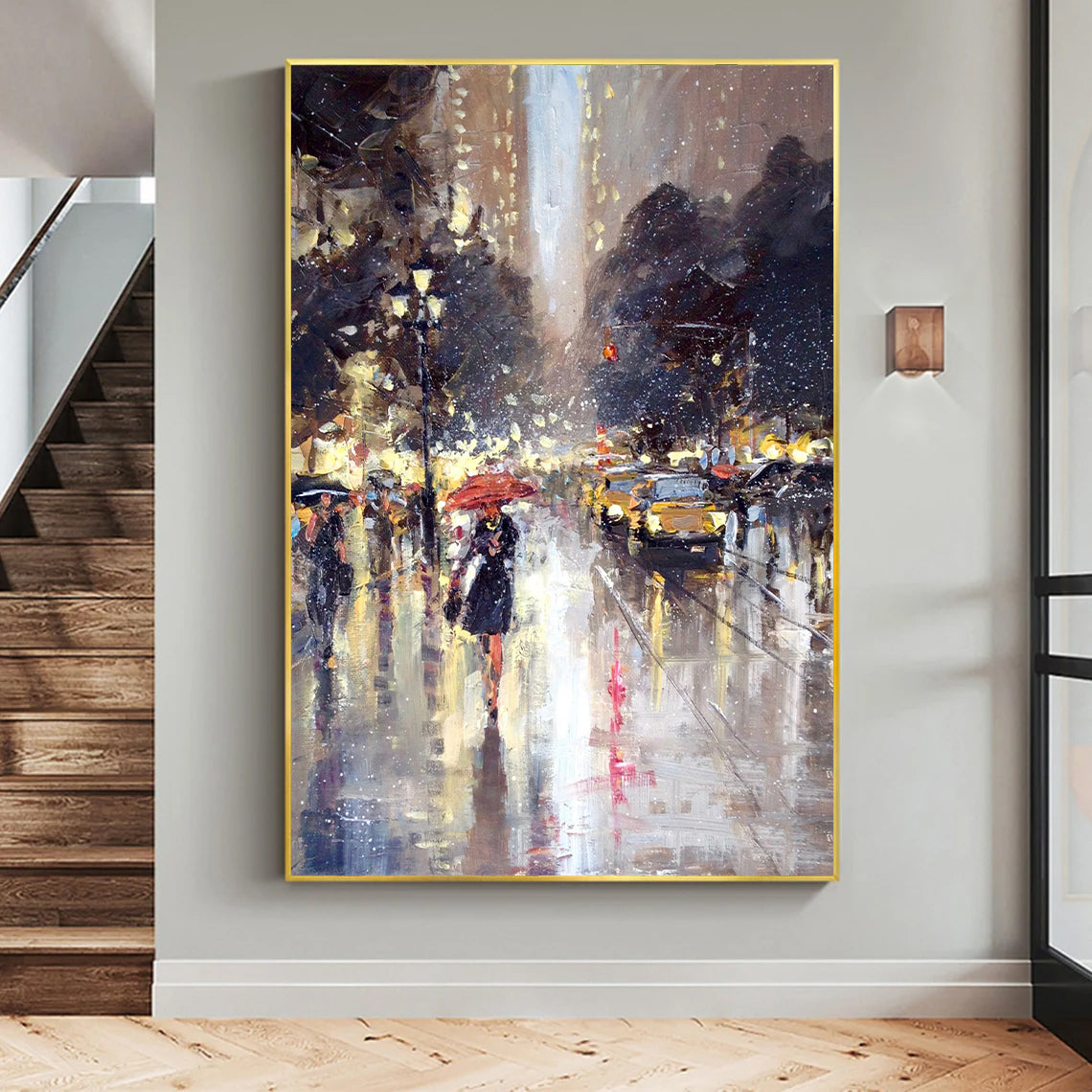 a painting of a woman walking down a rain soaked street