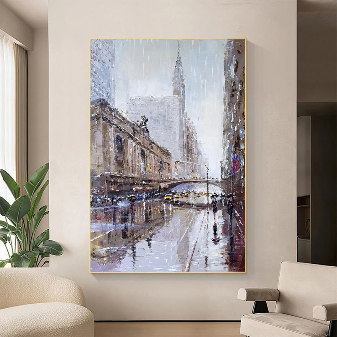 a painting of a city street in the rain