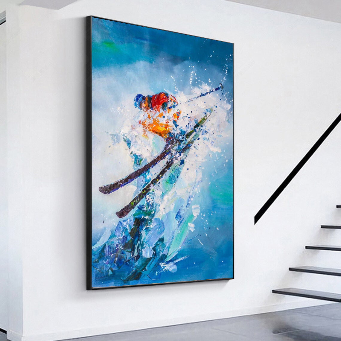 a painting of a skier is hanging on the wall