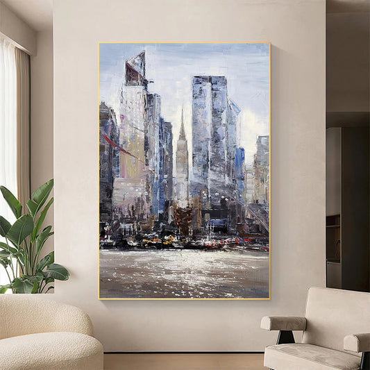 a painting of a cityscape in a living room