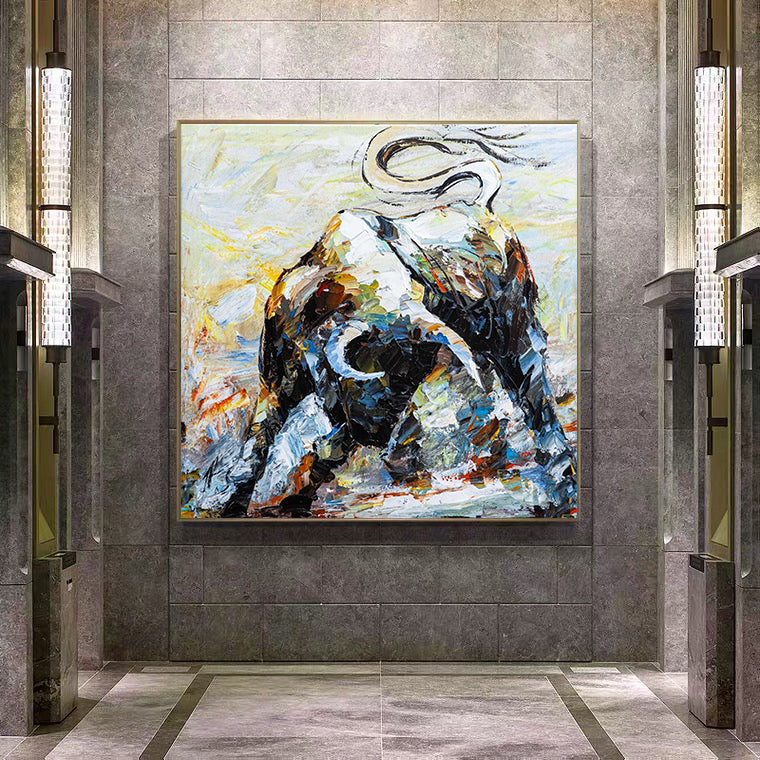 a painting of a bull in a building