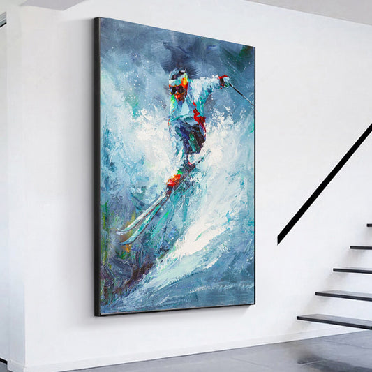 a painting of a person on skis on a wall