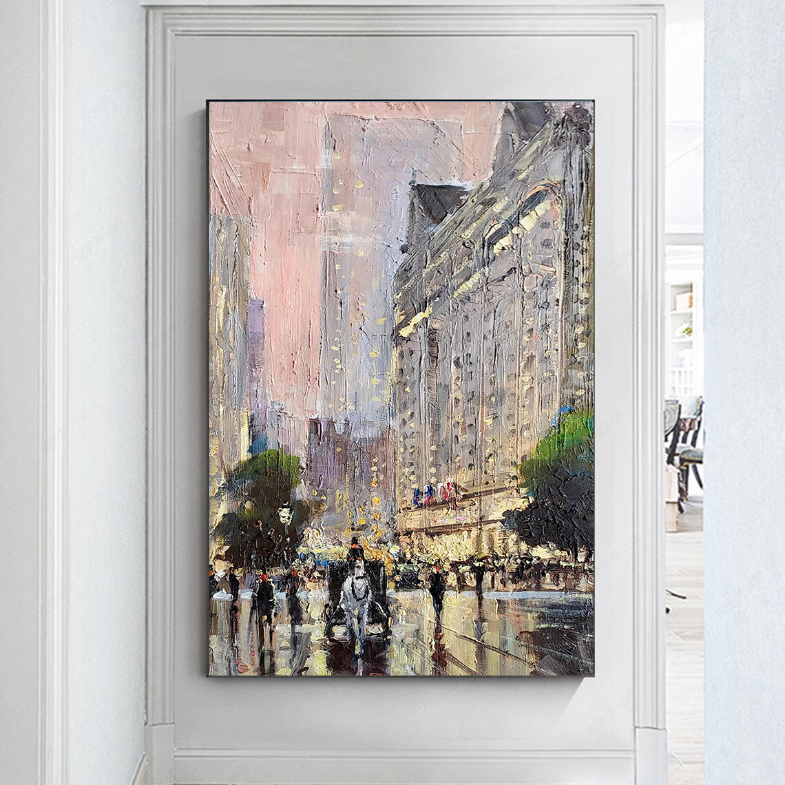 a painting of people walking down a city street