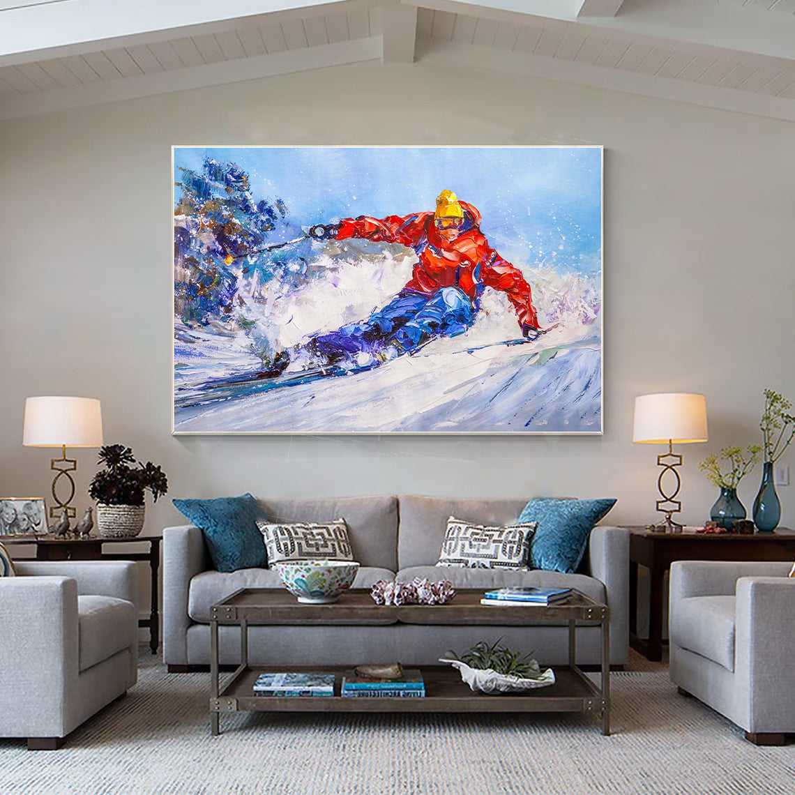 a painting of a person skiing in the snow