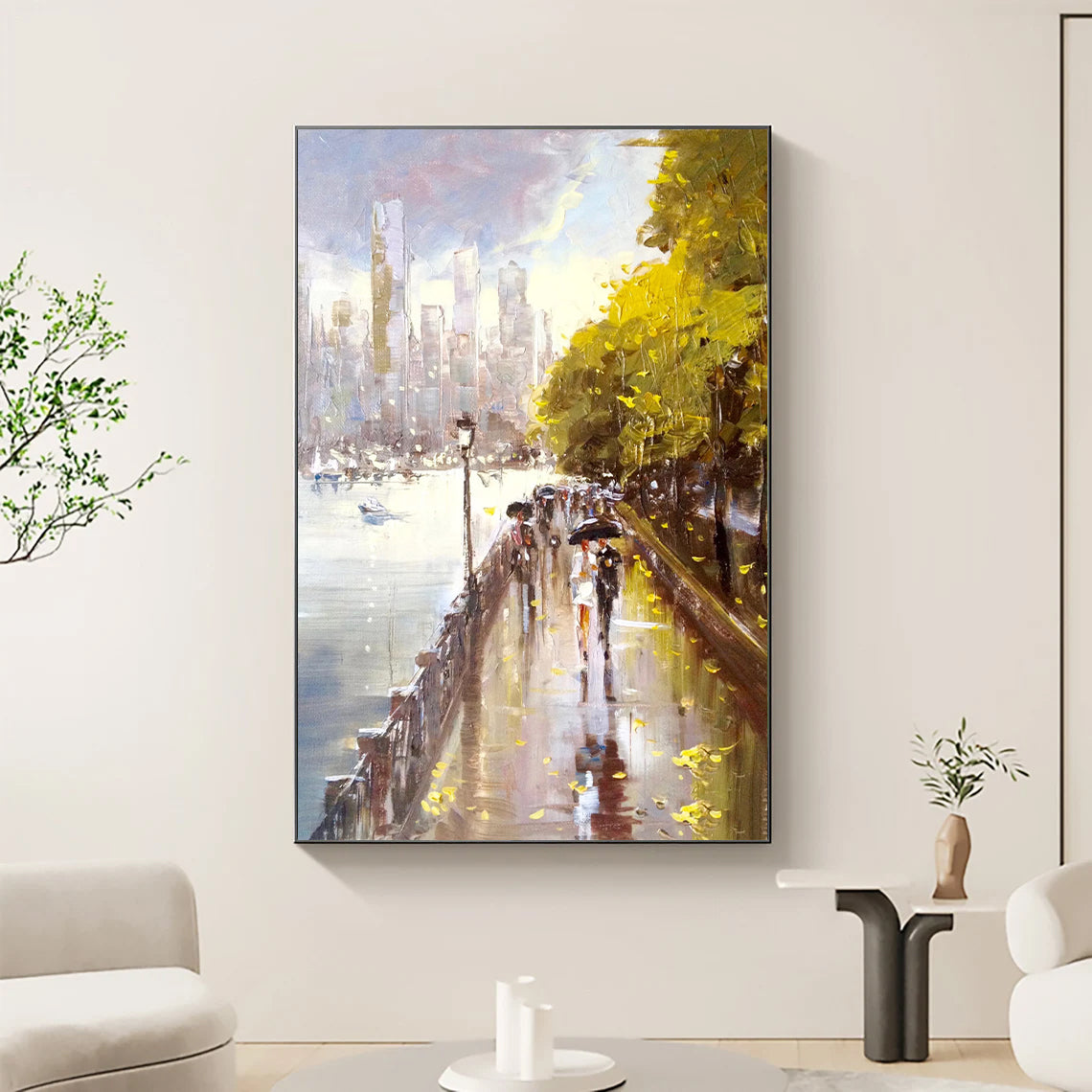 a painting of people walking in the rain