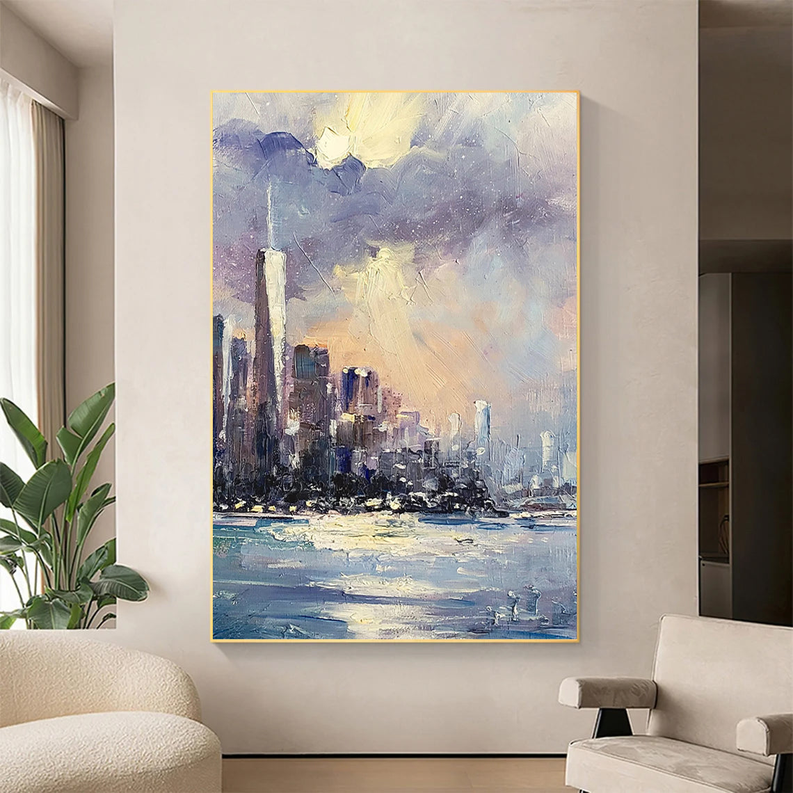 a painting of a city skyline on a wall