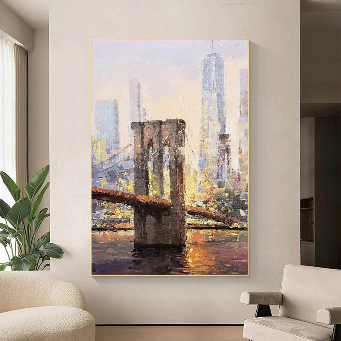 a painting of a bridge in a living room