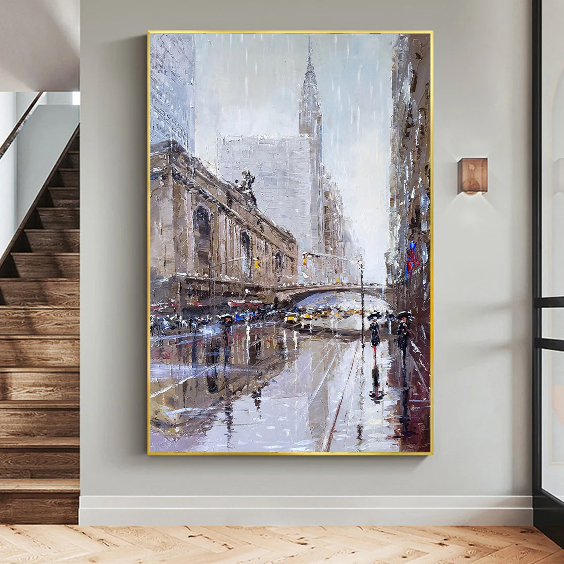 a painting hanging on a wall next to a stair case