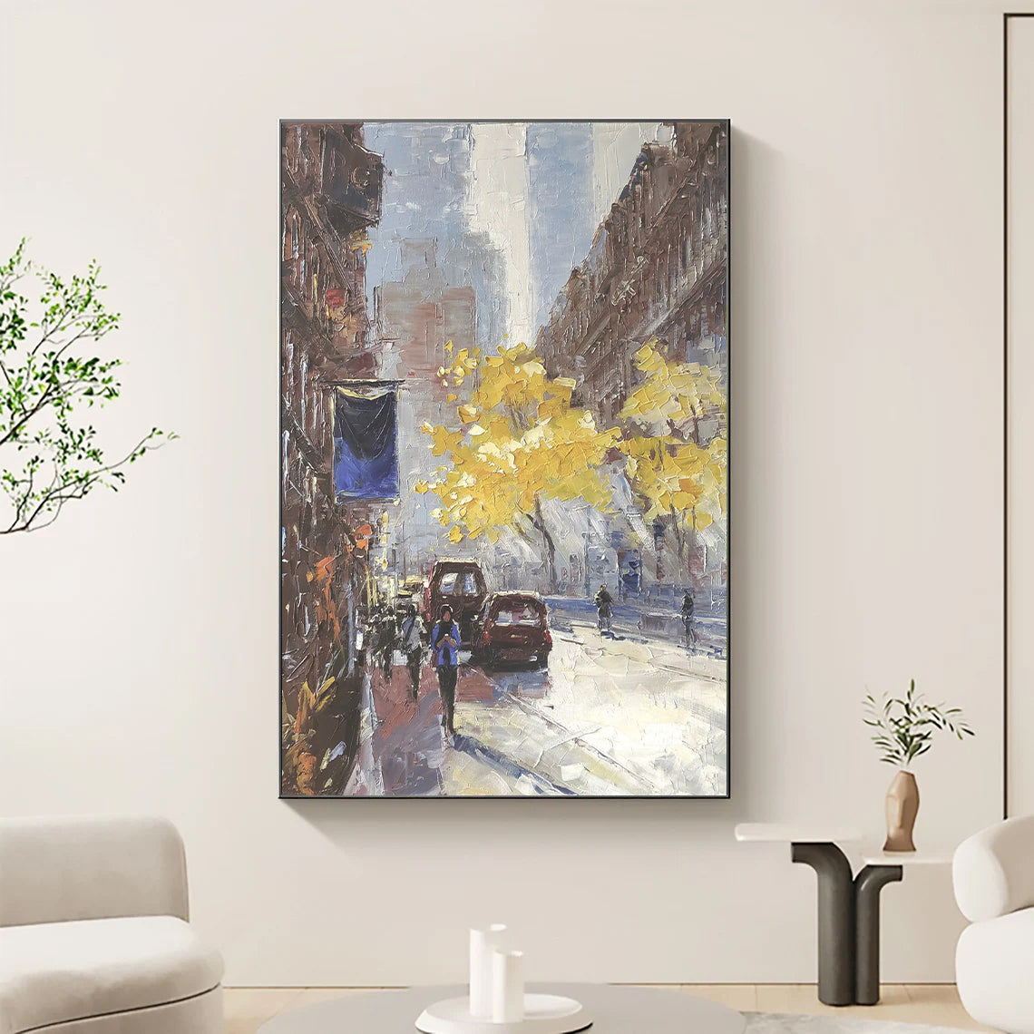 a painting of a city street with a yellow tree