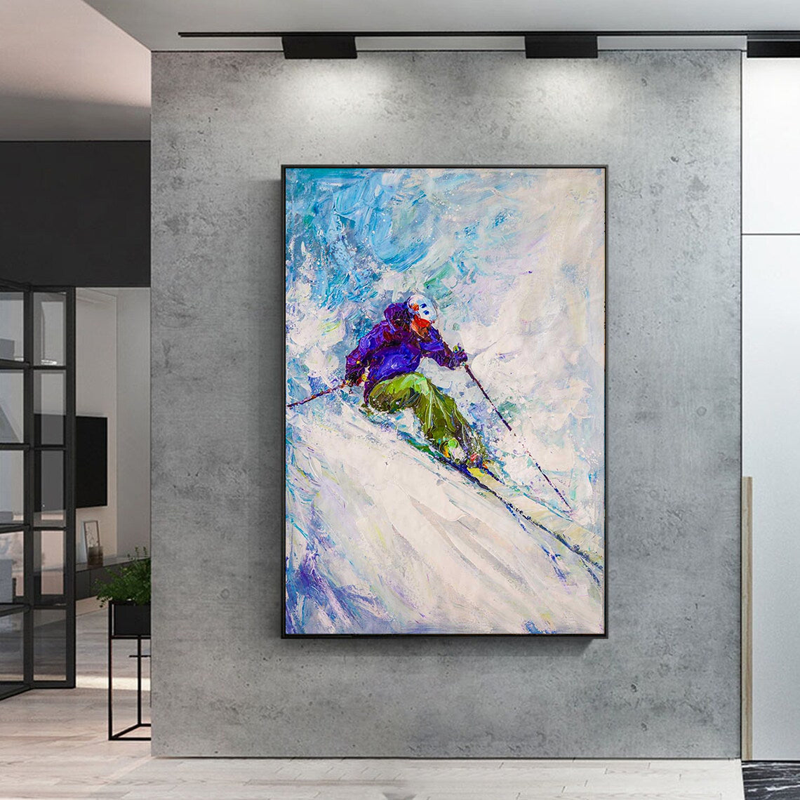 a painting of a person skiing down a hill