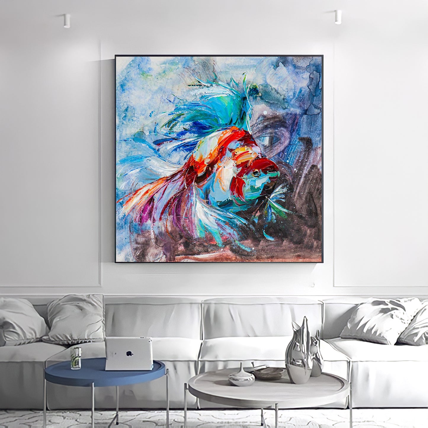 a painting hanging on a wall above a couch