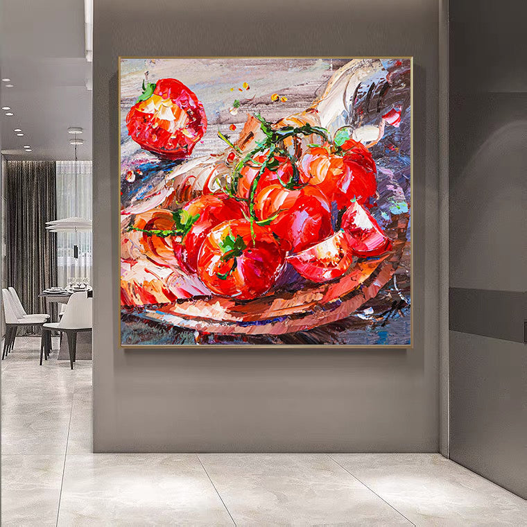 a painting of a bowl of tomatoes on a wall