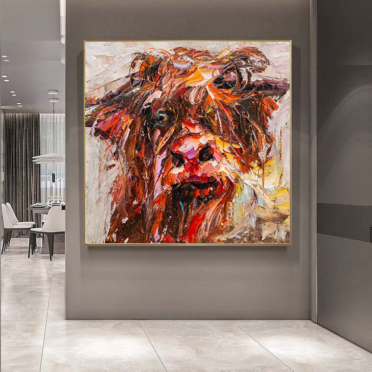 a painting of a cow in a room