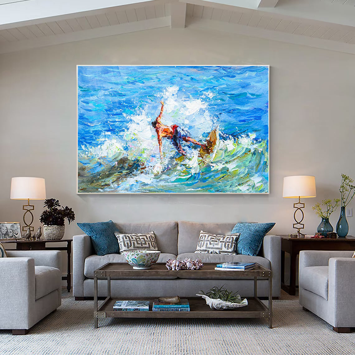 a living room with a couch and a painting on the wall