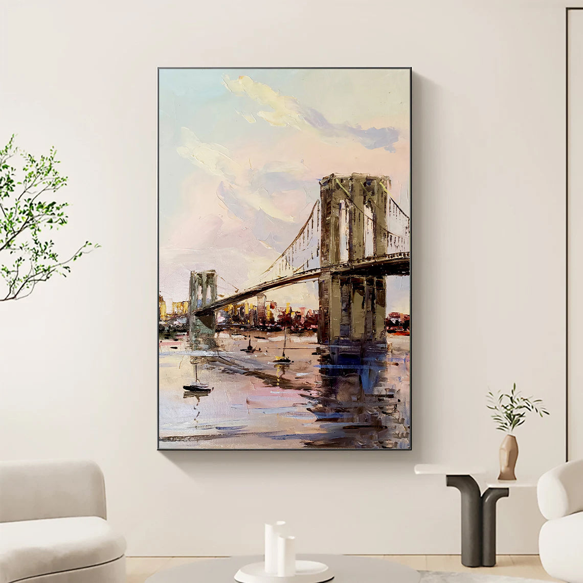 a painting of a bridge in a living room