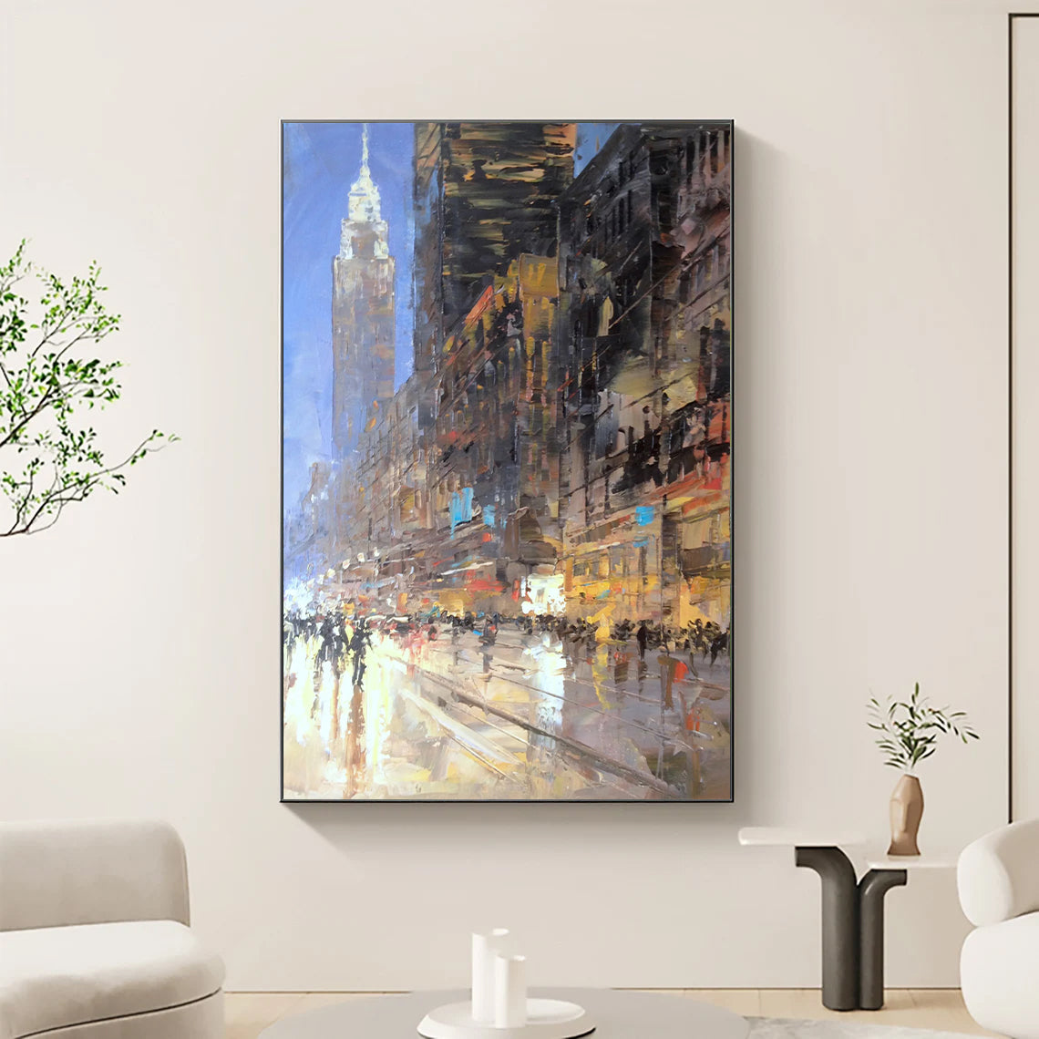 a painting of a city street at night