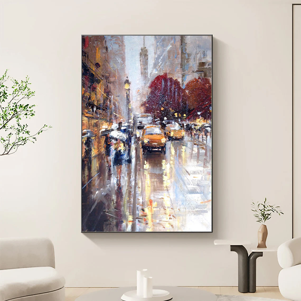 a painting of a city street filled with traffic