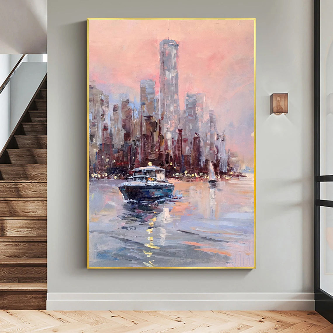 a painting of a boat in a harbor with a city in the background