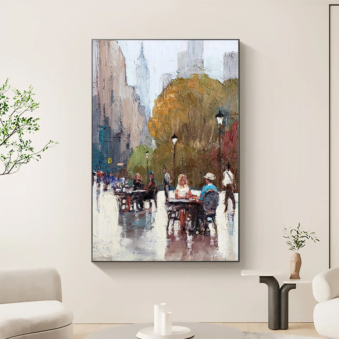 a painting of people sitting at a table on a rainy day