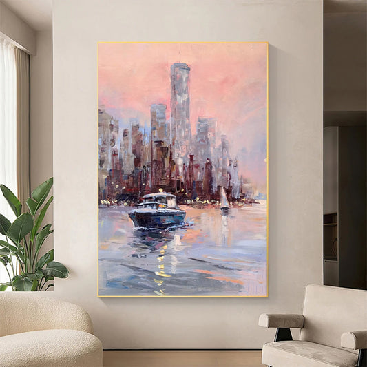 a painting of a boat in a harbor with a city in the background