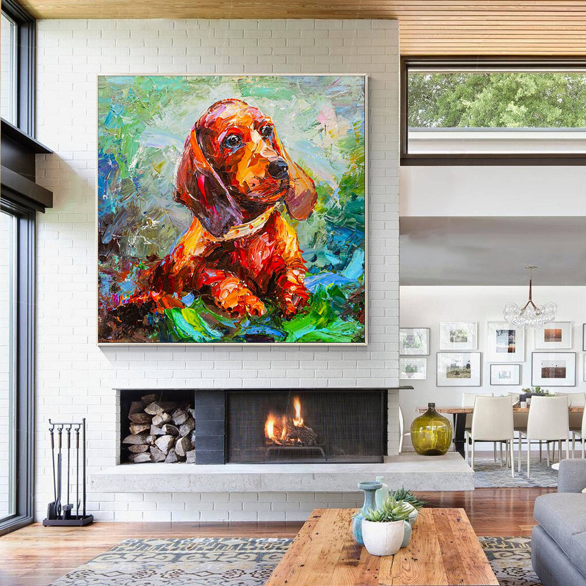 a living room with a large painting of a dog on the wall