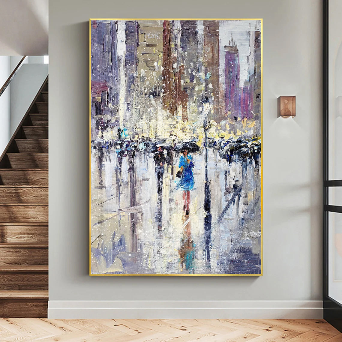 a painting of people walking in the rain