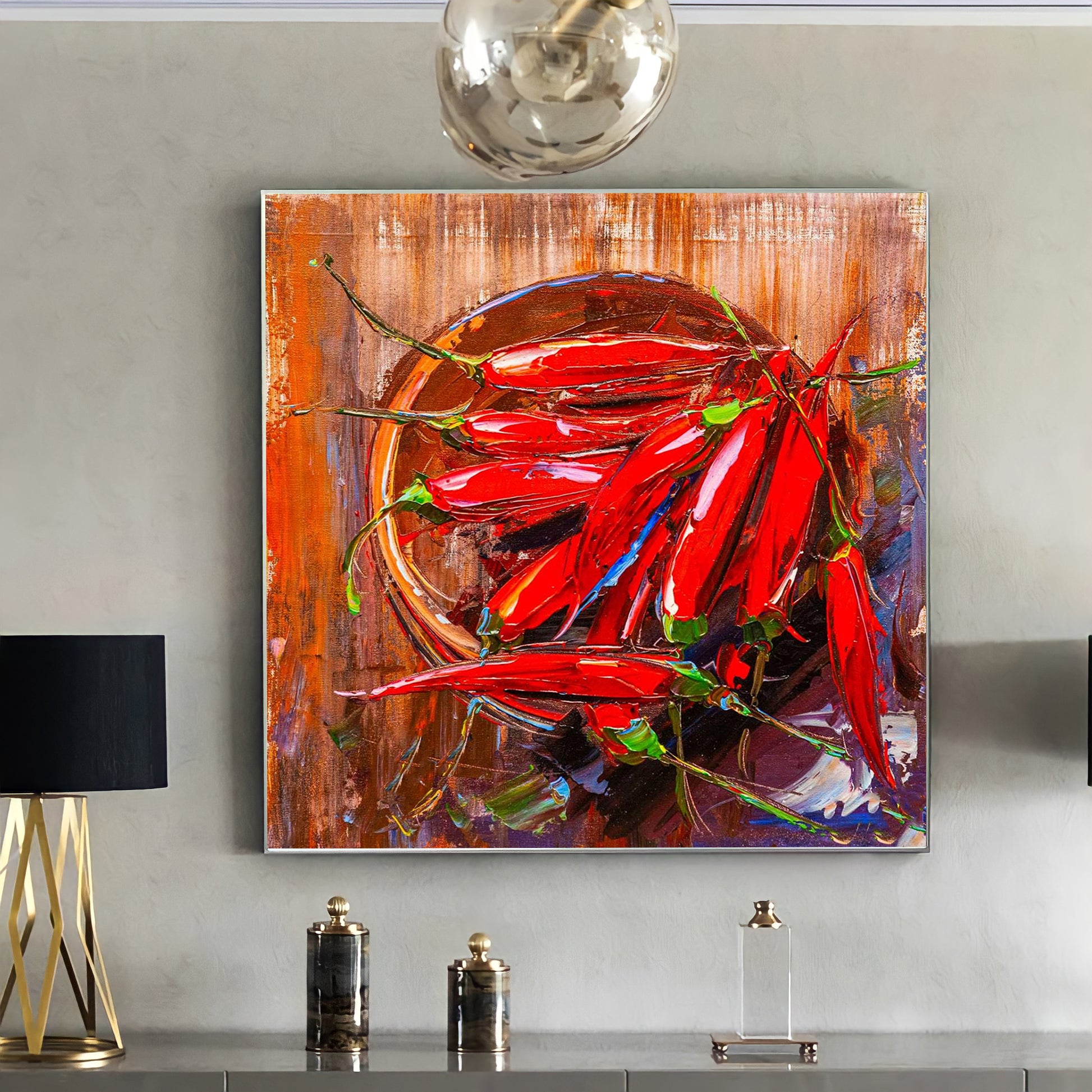 a painting on a wall of red peppers