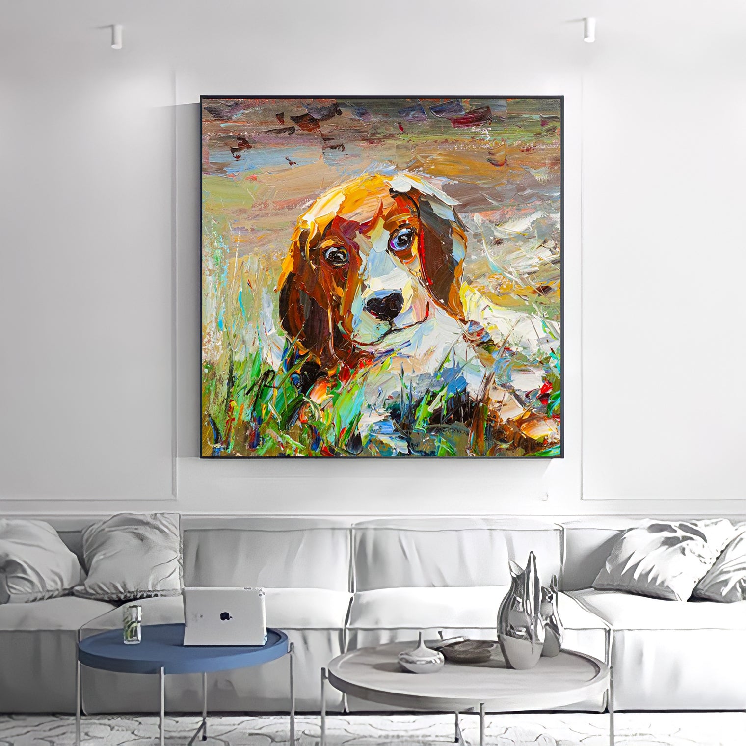 a painting of a dog on a wall above a couch