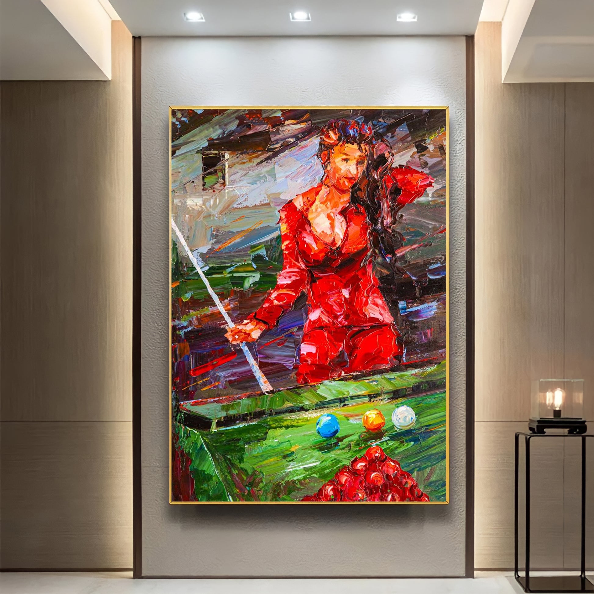 a painting of a woman in a red dress holding a golf club