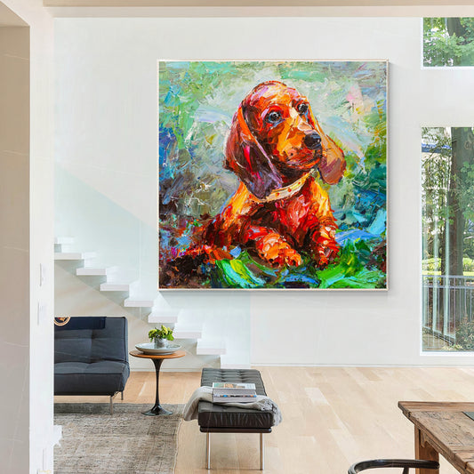 a painting of a dog in a living room