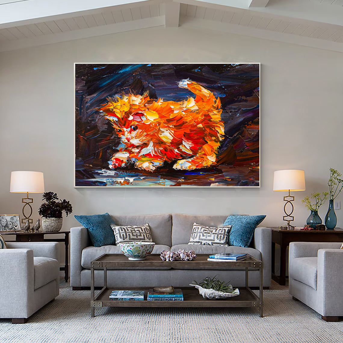 a living room filled with furniture and a painting on the wall