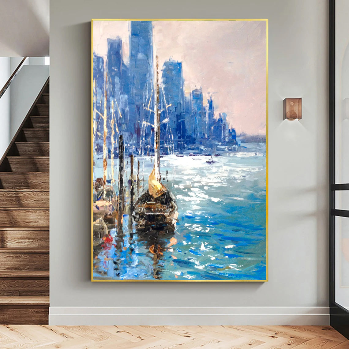 a painting hanging on a wall above a stair case