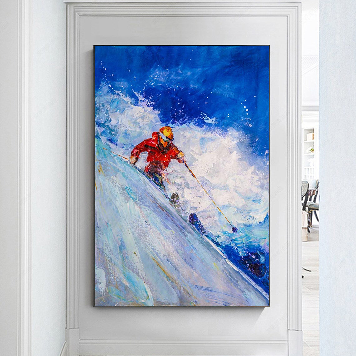 a painting of a man skiing down a mountain