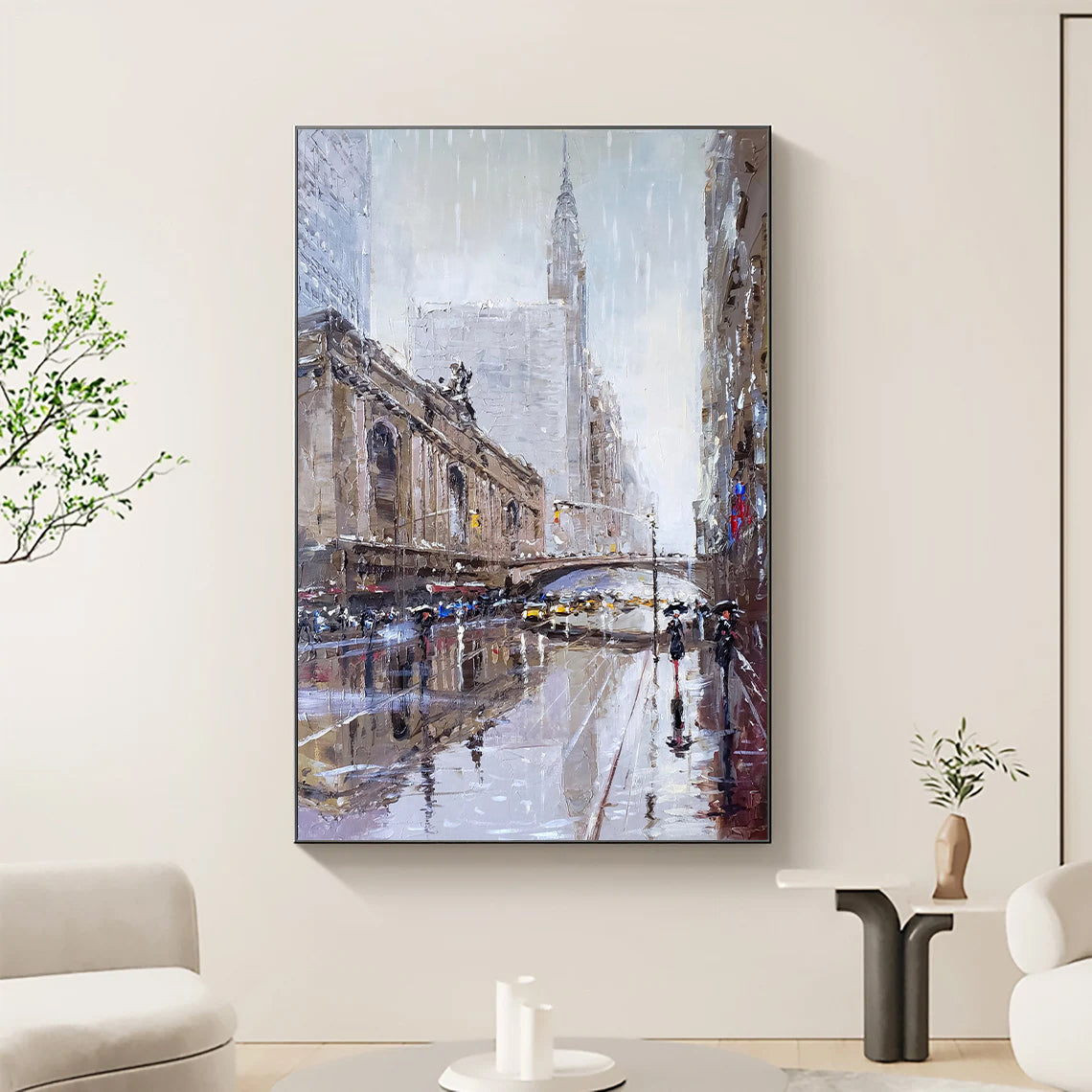 a painting of a city street in the rain