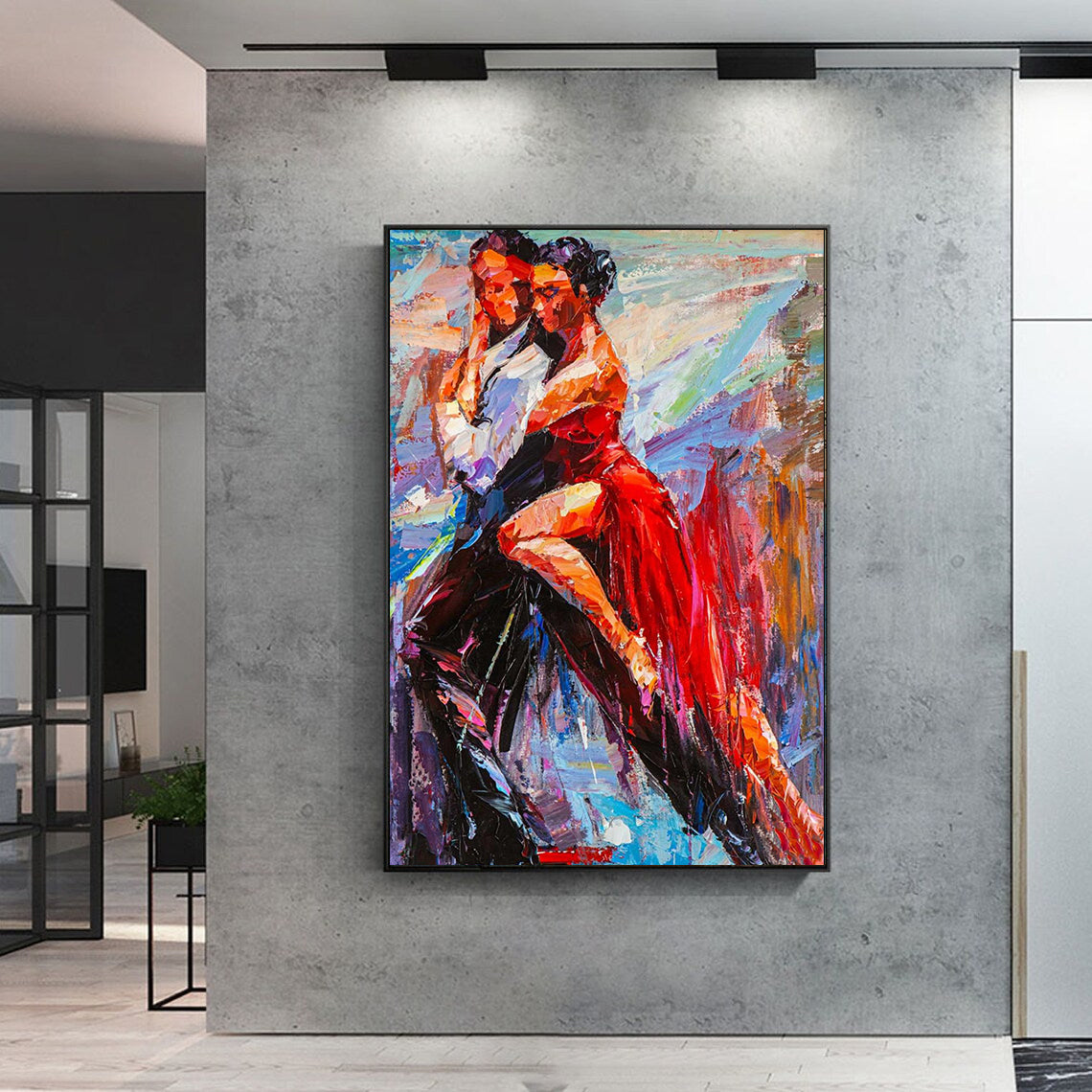 a painting of a man and a woman dancing