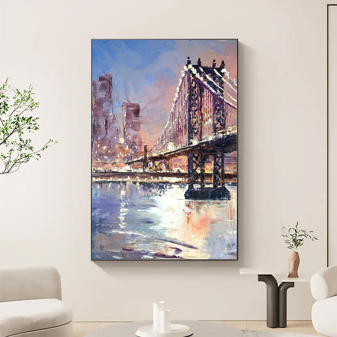 a painting of a bridge in a living room