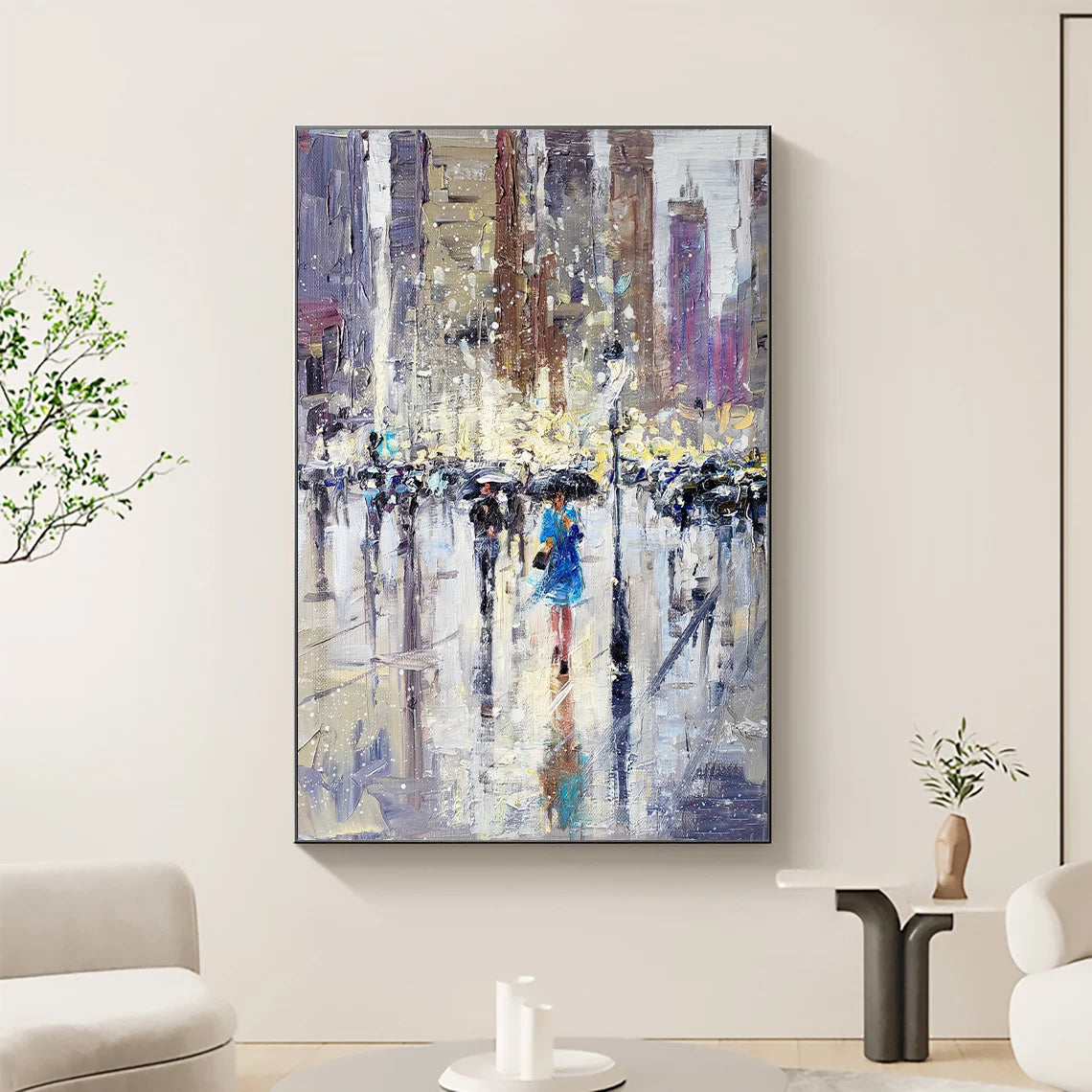 a painting of people walking in the rain with umbrellas