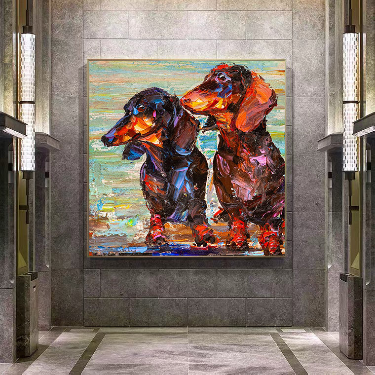 a painting of two dogs on a wall