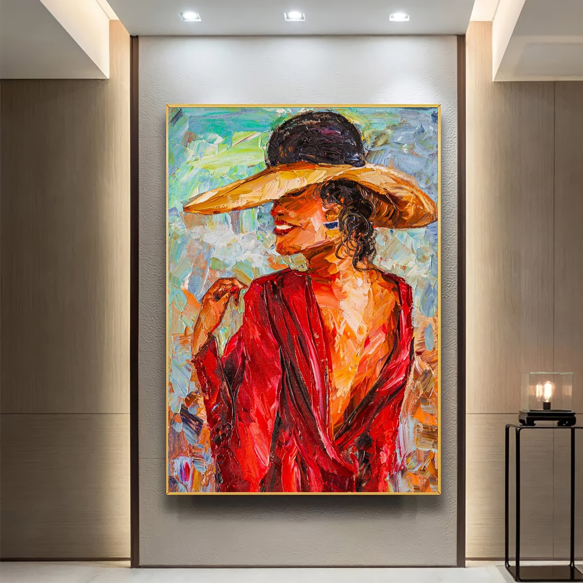 a painting of a woman wearing a hat