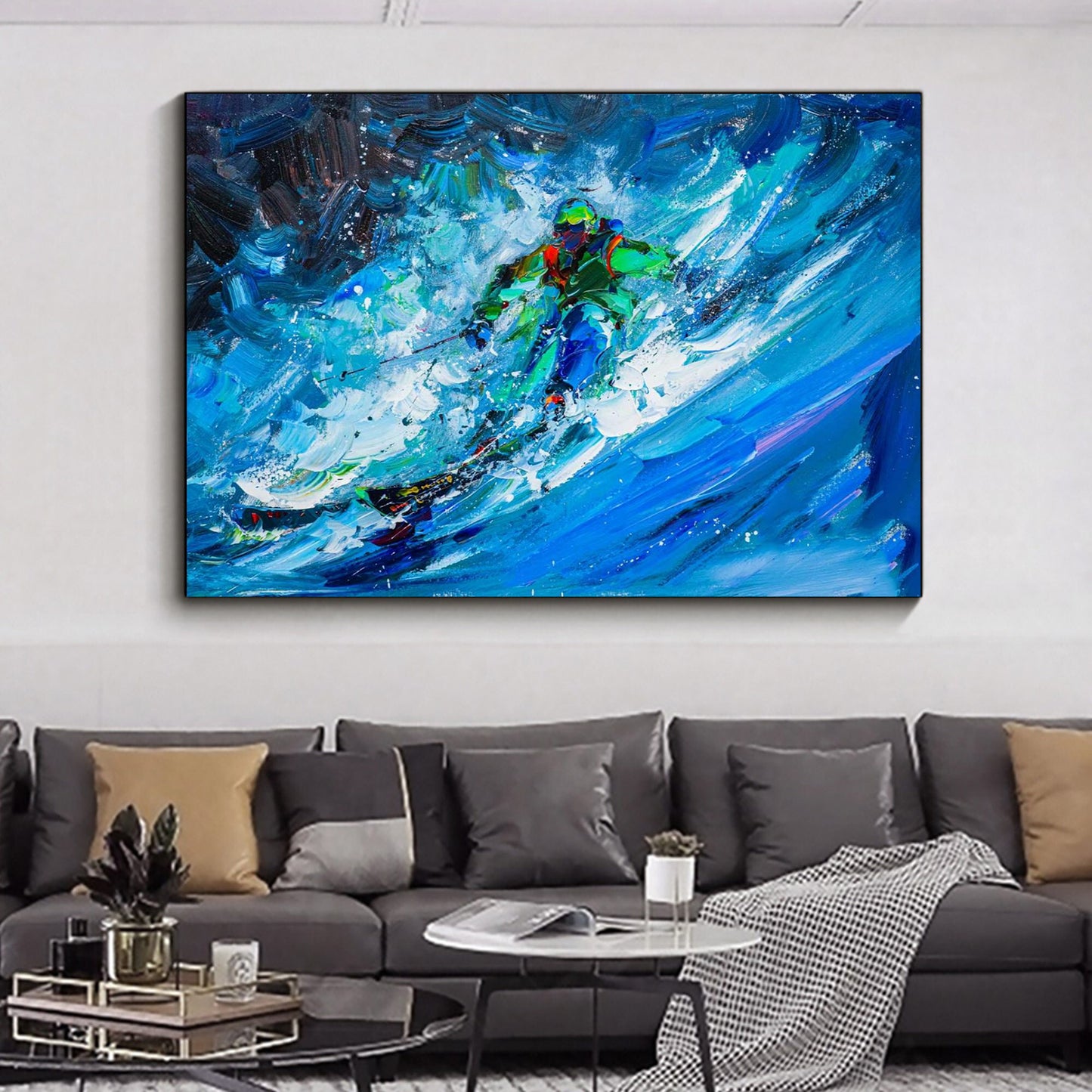 a living room with a couch and a painting on the wall