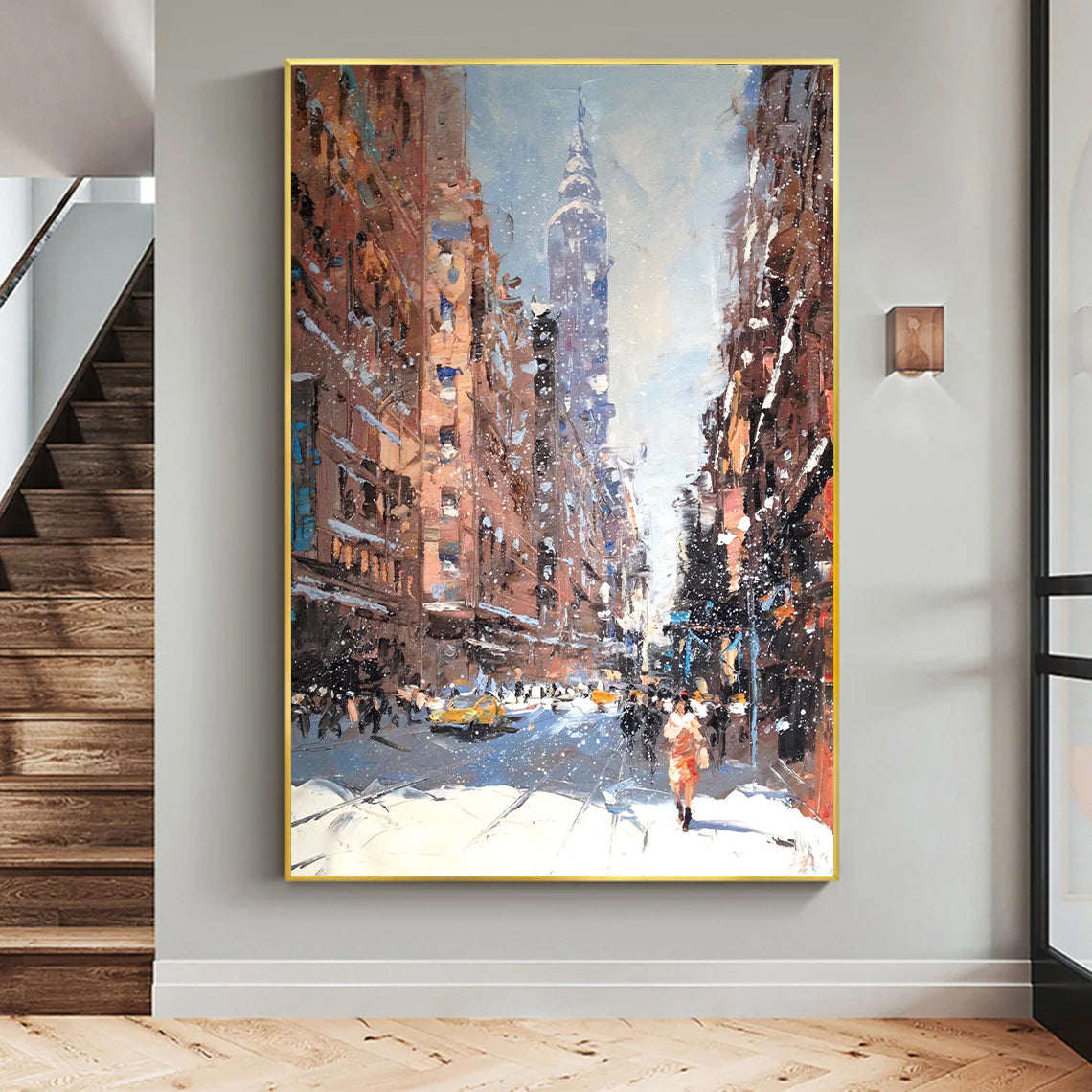 a painting of a city street in winter