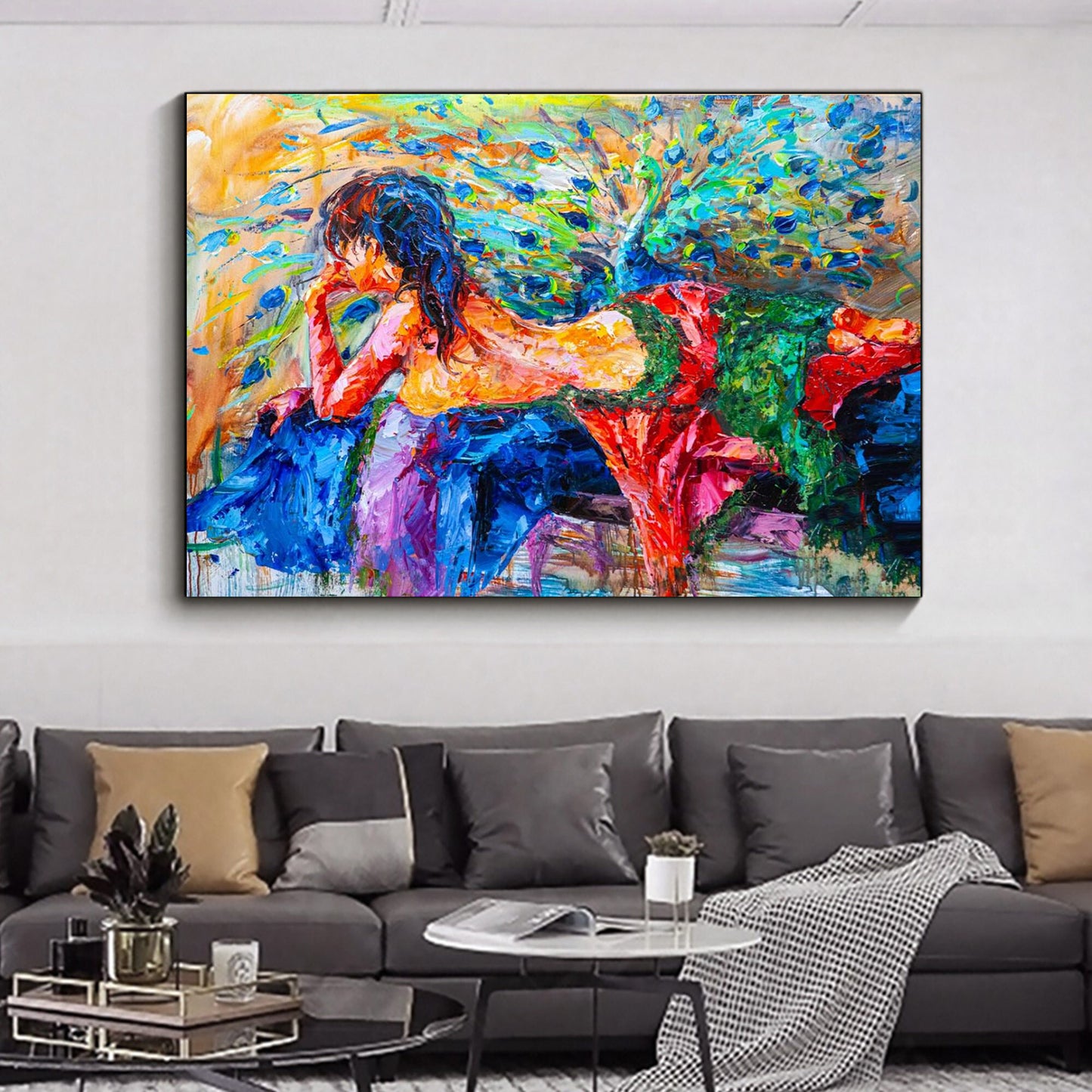 a living room with a couch and a painting on the wall