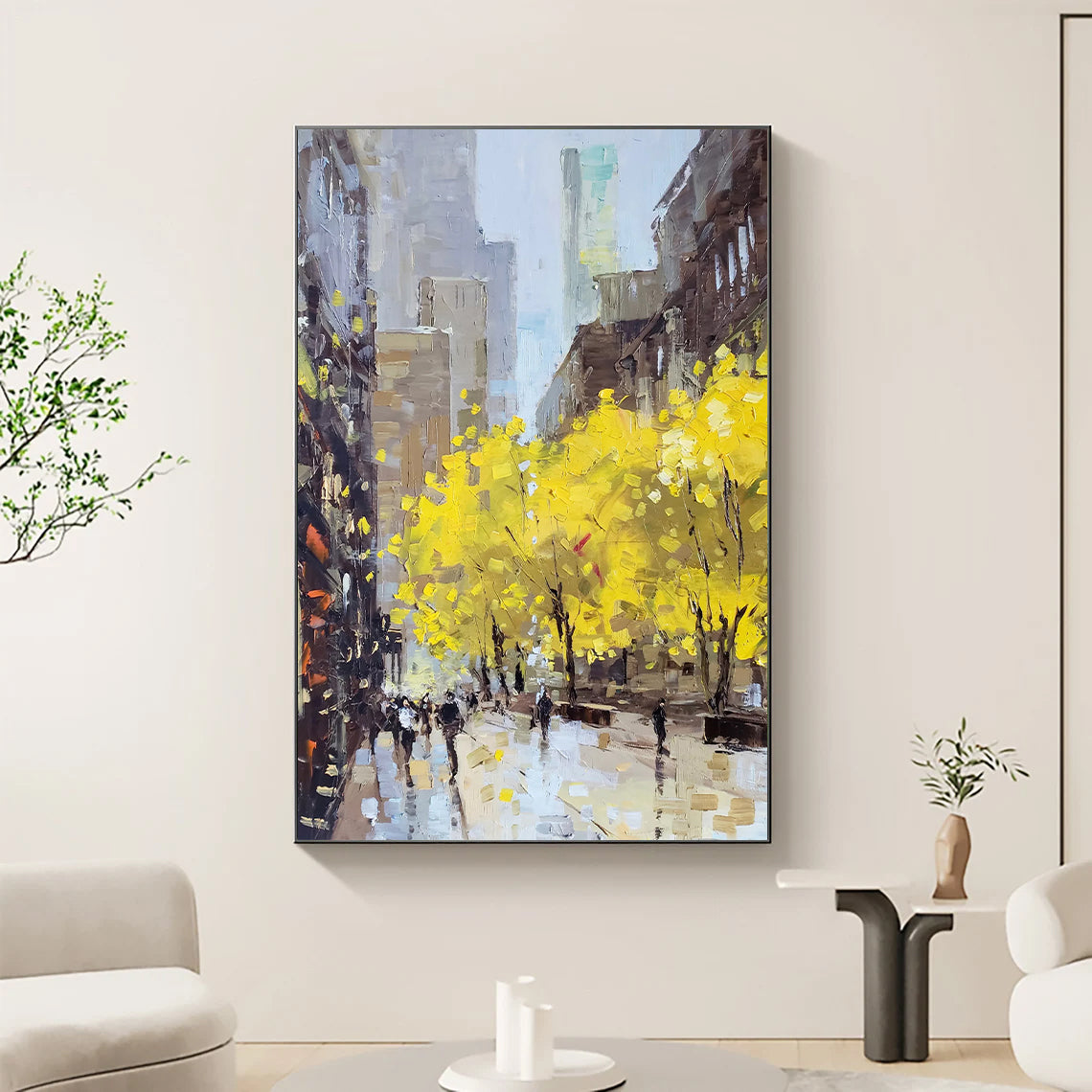 a painting of a city street with yellow trees